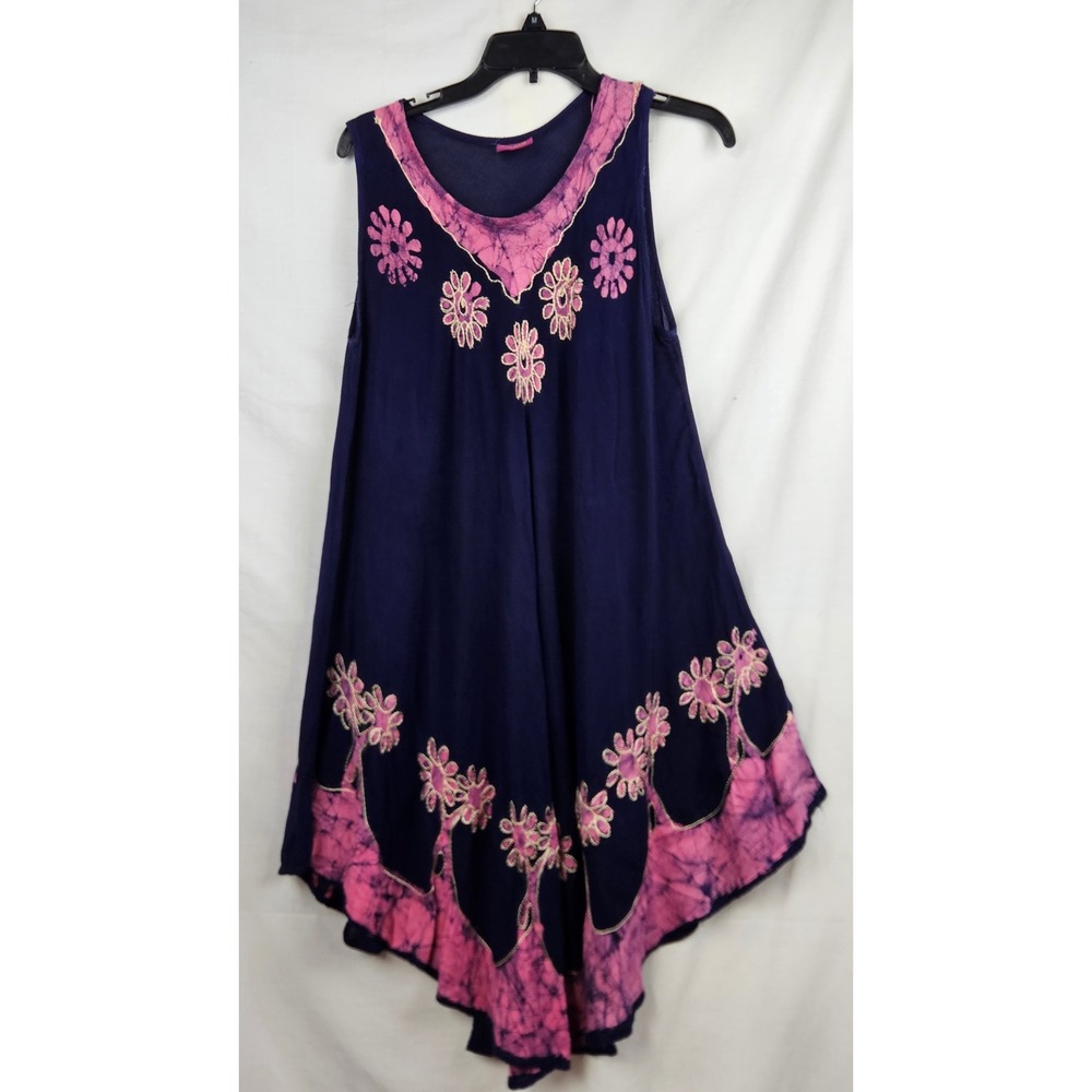 Khushbu Purple Pink Batik Floral Handkerchief Hem Dress Free Size Beach